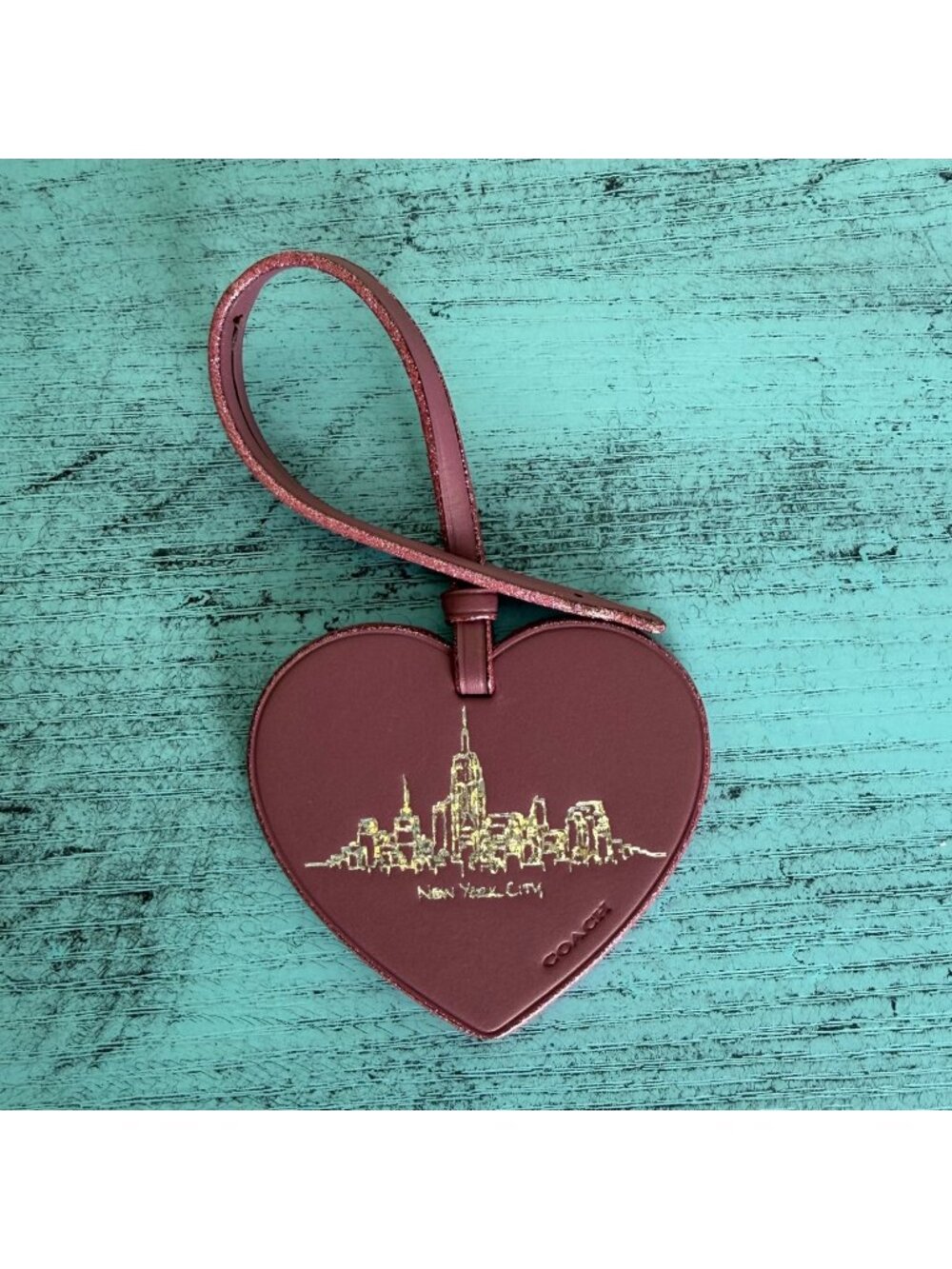 Heart-Shaped Coach Leather Tag With Gold New York City Skyline Metallic Pink